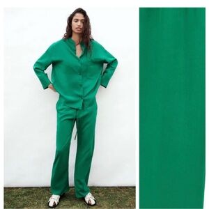 Zara Two set‎ Green Flowing stretch waist Wide-leg Trousers & Shirt large lounge